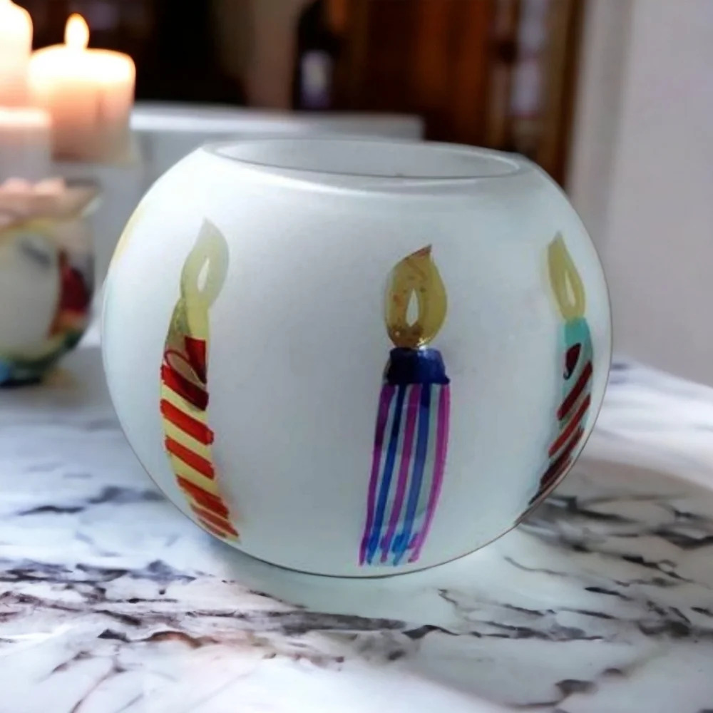 TeleFlora Gift Circle Frosted Glass Vase Bowl w/ Hand Painted Candles 4.25" tall